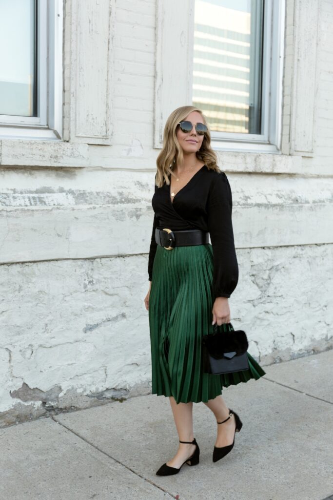 Emerald Green Skirt and Classic Black Blouse